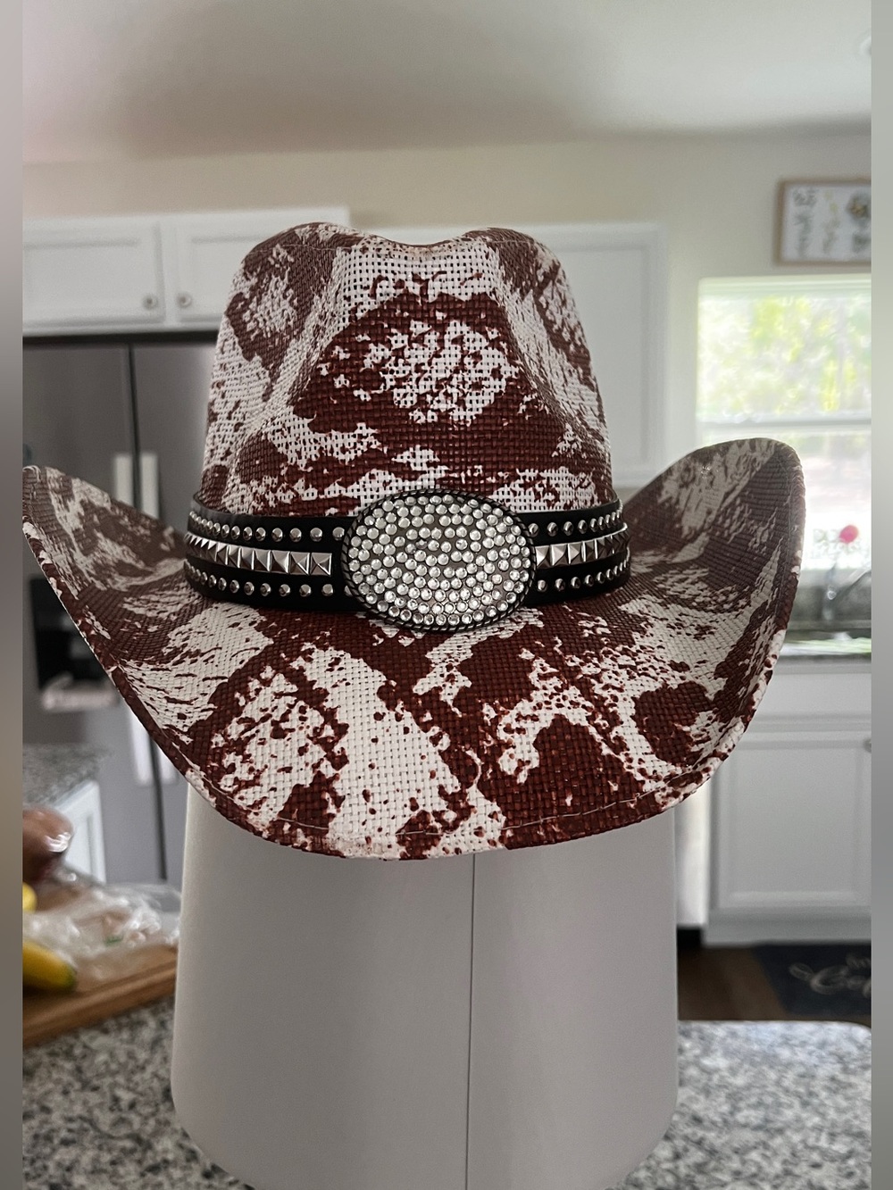 CG New York Brown and White Cow Pattern Western Hat with Studded Rhinestone Band